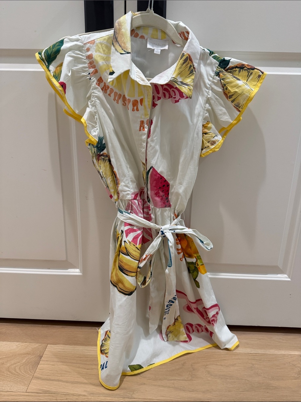 Sugarlips White Tropical Fruit Tie-Waist Mini Dress